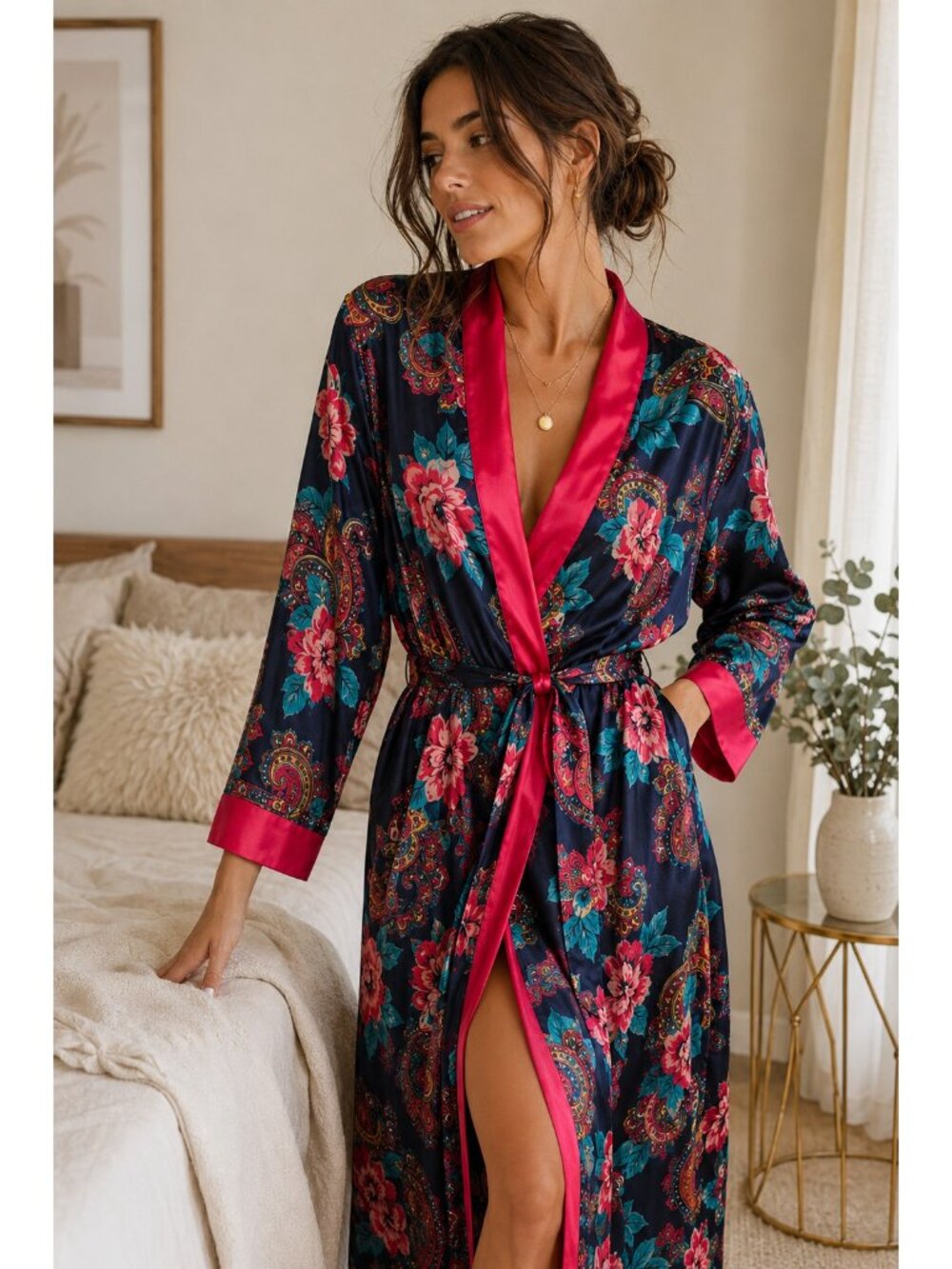 Vintage Victoria’s Secret Floral Satin Robe M/L Paisley Pink Blue Lounge Kimono